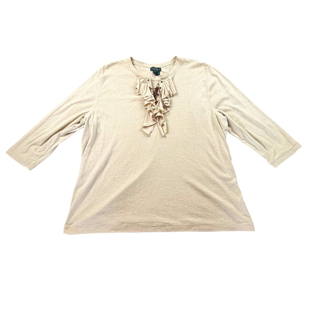 Lauren Ralph Lauren Ruffle Front Top 3X Beige Lace Up Boho Blouse